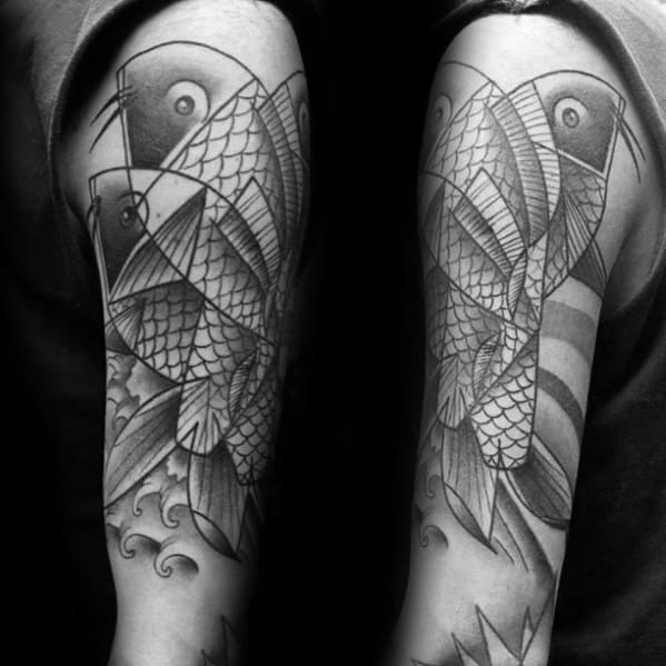 Black and grey Cubist tattoo sleeve featuring abstract koi fish with detailed scales, waves, and layered geometric patterns.