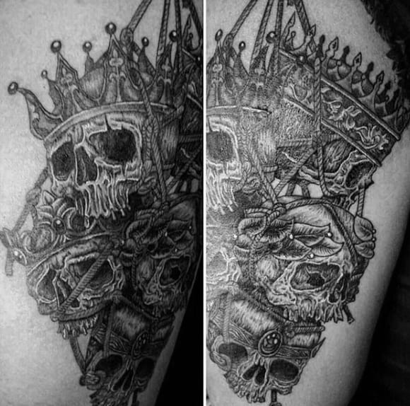Male Deathly Skulls And Crown Tattoo Arms
