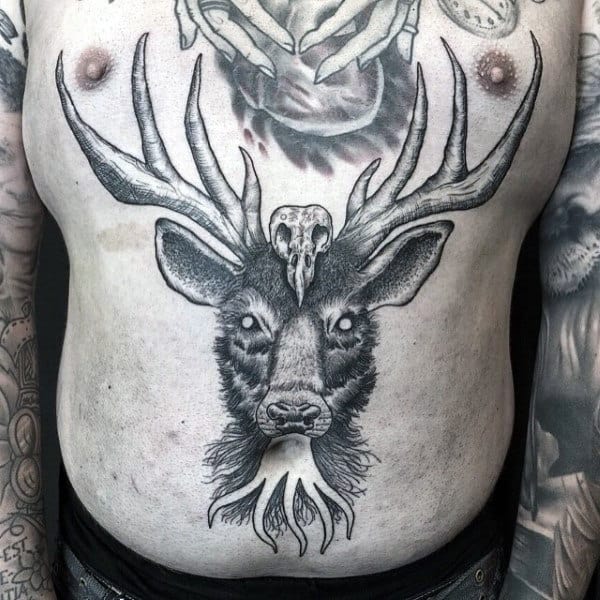 Male Deer Skulls Tattoos On Stomach