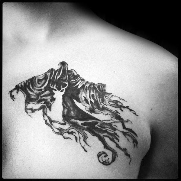 Chest tattoo of a Dementor with swirling cloak and a bright stag Patronus emerging from its center in bold black ink.