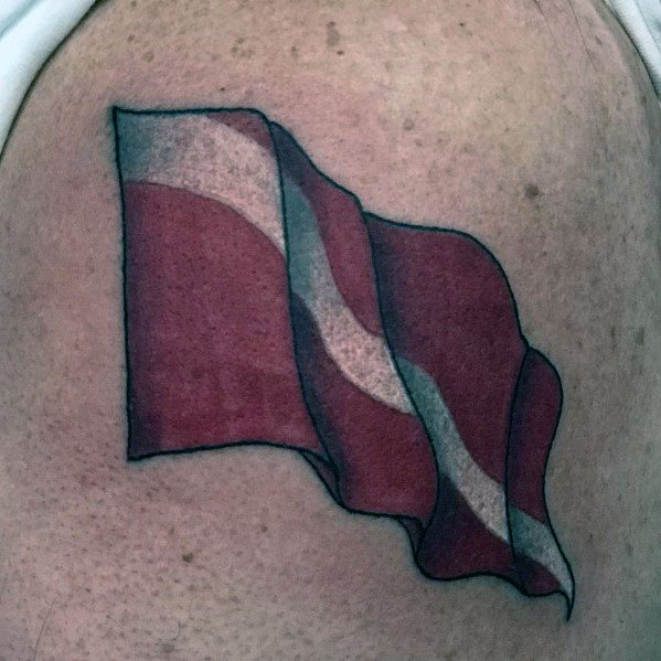 Tattoo of a waving red and white dive flag, symbolizing a passion for scuba diving, underwater exploration, and the adventurous spirit of the ocean.