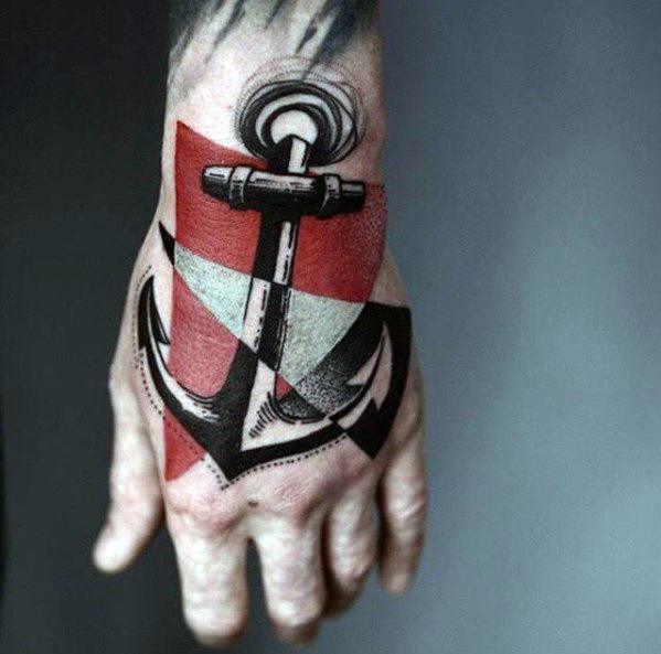 Tattoo of a bold black anchor over a red and white dive flag, symbolizing strength, stability, and a deep connection to the sea and diving.