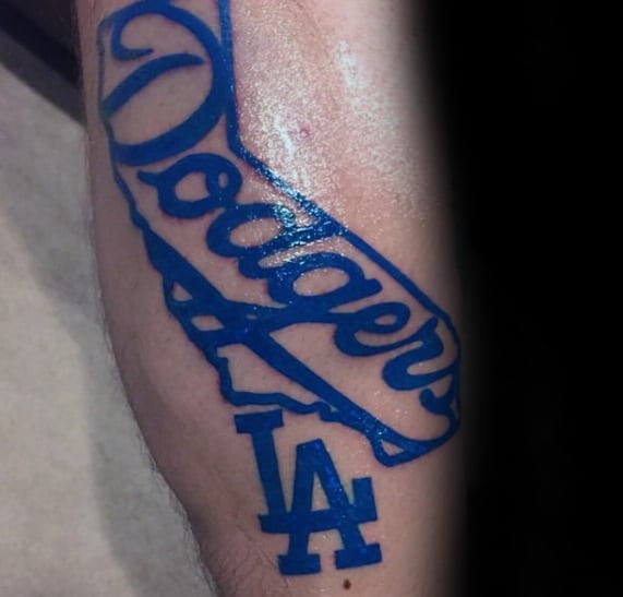 Male Dodgers Tattoo Design Inspiration With Blue Ink On Forearm