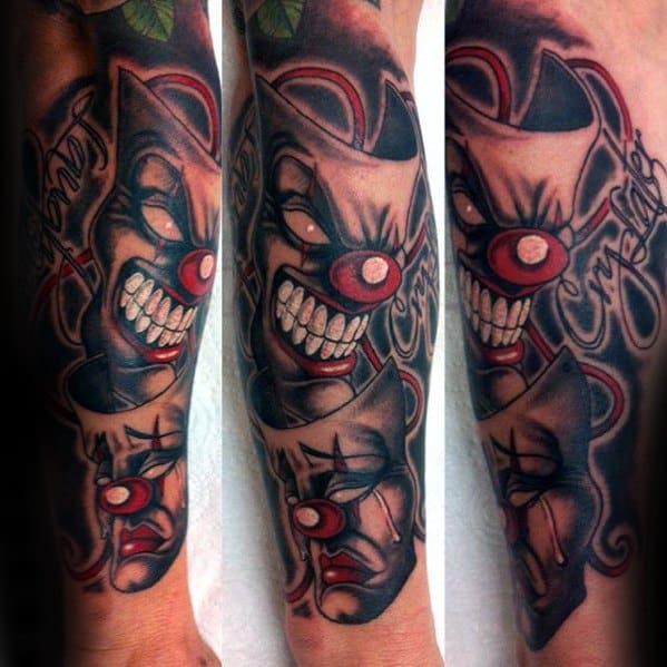 Male Drama Mask Tattoo Design Inspiration Forearm Sleeve