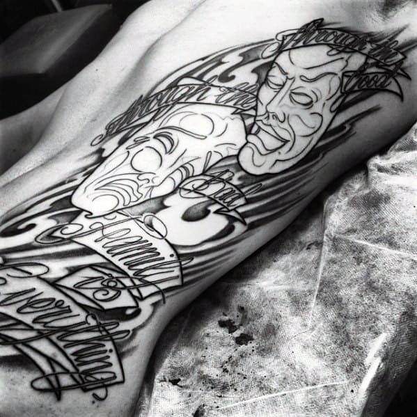 Male Drama Mask Tattoo Rib Cage Side With Script Banner