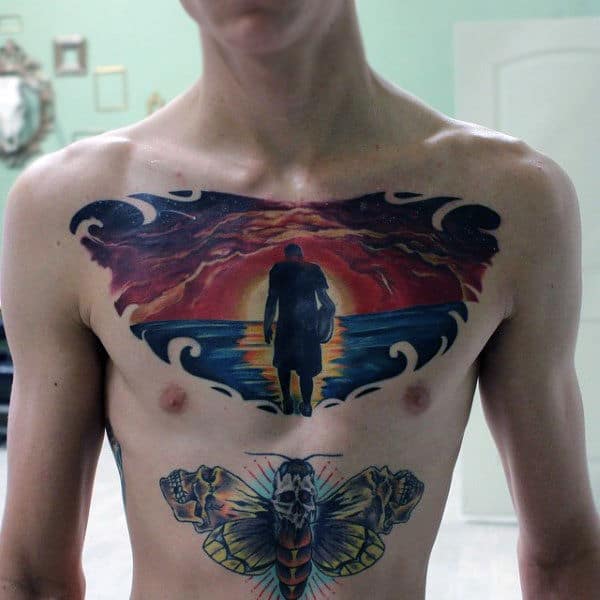 Male Dramatic Chest Tattoo Of Man At Sunset