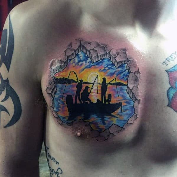 Male Dramatic Fishing At Sunset Chest Tattoo