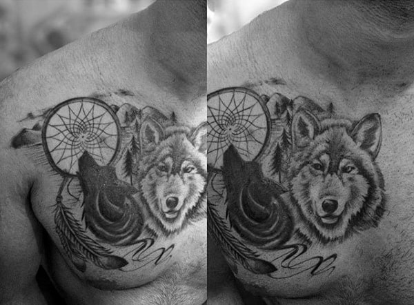 Male Dreamcatcher Tattoos On Upper Chest With Wolf