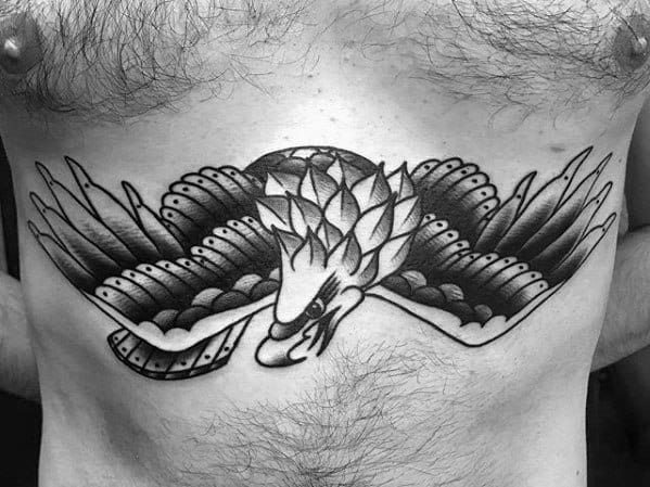 Male Eagle Middle Of Chest Tattoo With Vintage Design