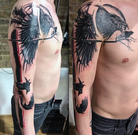 Striking black and red full-sleeve raven tattoo in flight, perched on branches, with bold lines and dynamic movement inspired by Poe's themes.