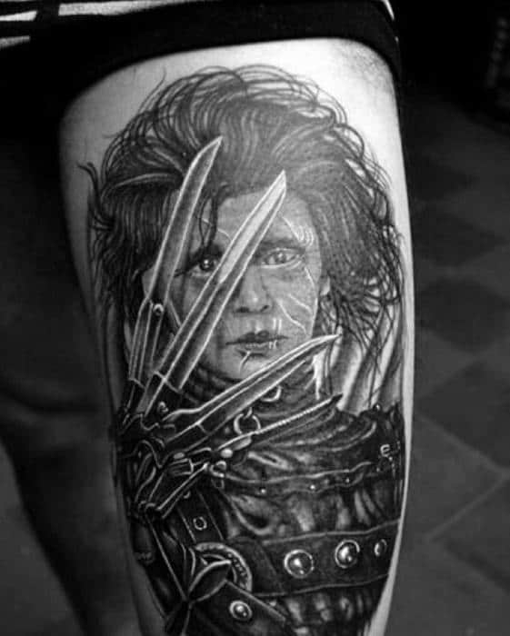 Male Edward Scissorhands Tattoo Design Inspiration On Thigh