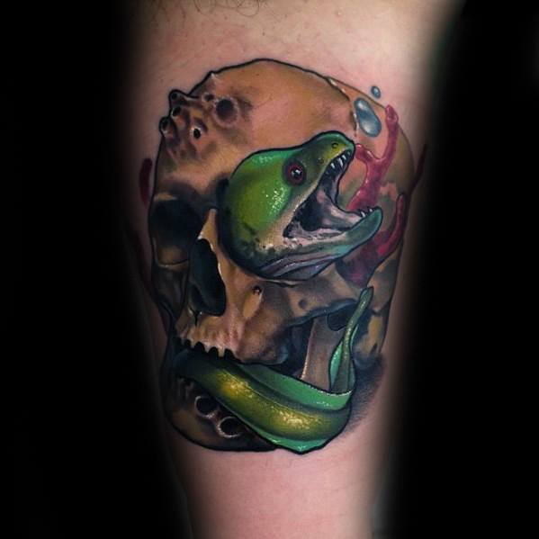 Male Eel Skull 3d Arm Tattoo Design Inspiration