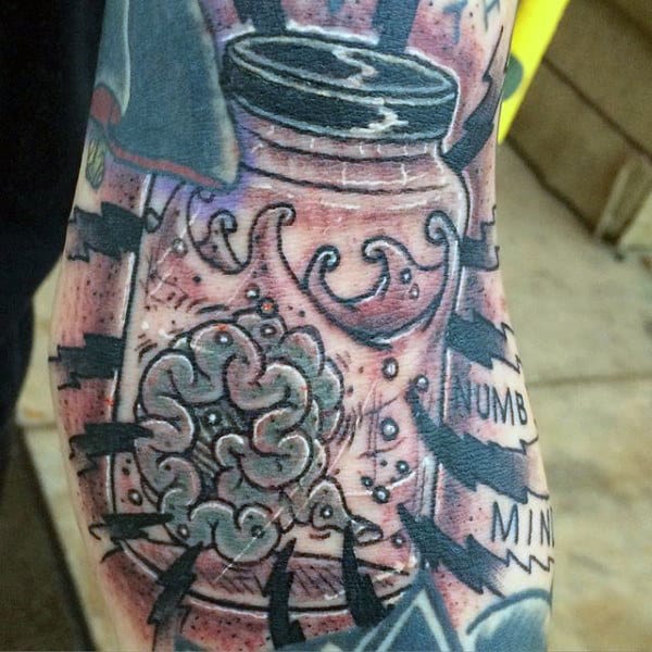 Male Elbows Brain In A Bottle Tattoo