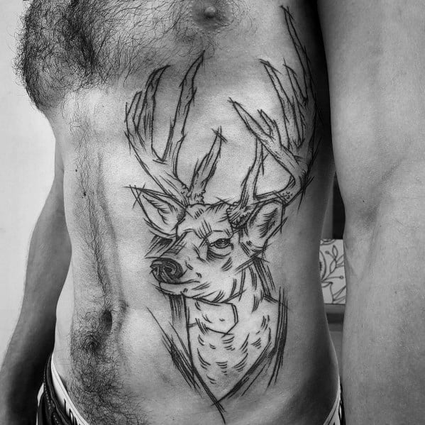 Sketch-style elk tattoo on the ribcage, featuring bold linework and an artistic, hand-drawn look for a dynamic and unique design.