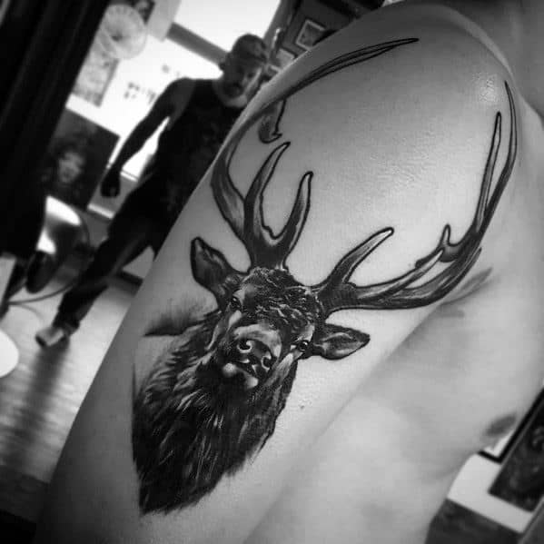Realistic black and grey elk tattoo on the upper arm, featuring bold antlers, detailed fur shading, and a striking, lifelike expression.