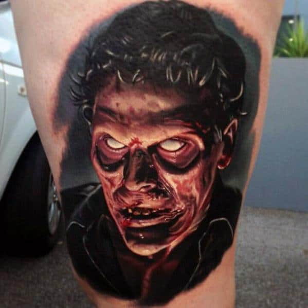 Hyper-realistic Evil Dead tattoo of a demonic face with glowing white eyes, decaying skin, and intense lighting for a nightmarish effect