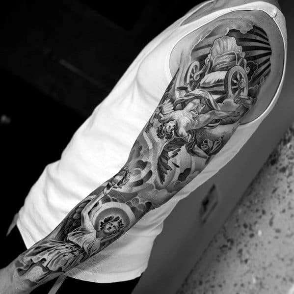 Full-sleeve tattoo of a dramatic mythological scene with a chariot in the sky and a falling angelic figure, surrounded by clouds and divine elements.