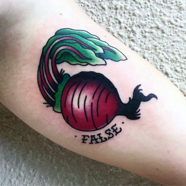 Color tattoo of a beet with the word "FALSE" underneath, referencing Dwight Schrute’s iconic response style and his family’s beet farm from The Office.