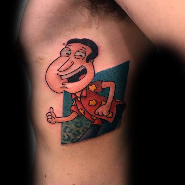Tattoo of Glenn Quagmire from Family Guy in his signature Hawaiian shirt, striking a playful pose with a smug expression, set against a blue background.