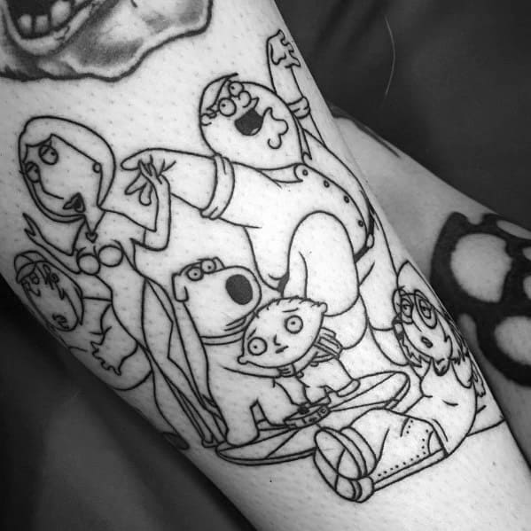 Black ink outline tattoo of the Family Guy characters, featuring Peter, Lois, Meg, Chris, Brian, Stewie, and a dynamic group pose in a classic style.