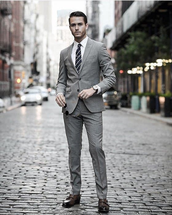 Male Fashion Ideas With Charcoal Grey Suit Brown Shoes Style