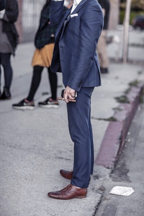 Male Fashion Ideas With Navy Blue Suit Brown Shoes Style