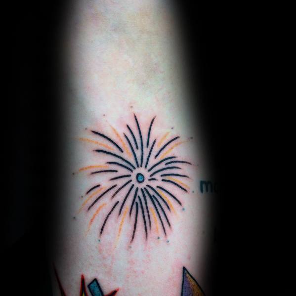 Simple firework tattoo with fine black lines and subtle shading, creating a delicate and minimalistic explosion effect on the skin.