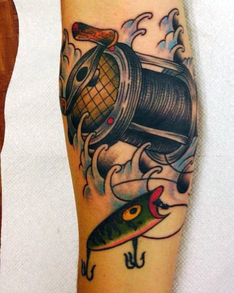 Male Fish Reel Tattoo On Leg
