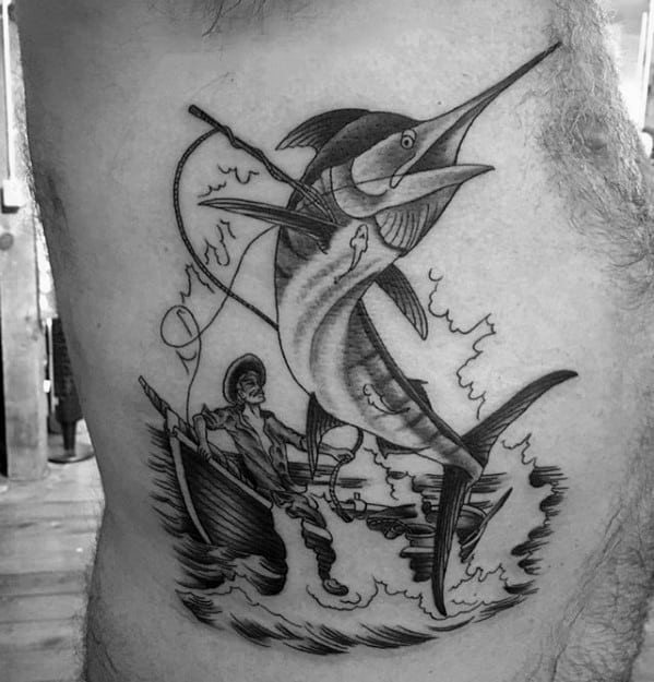 Male Fisherman With Marlin Fish Tattoo On Rib Cage Side