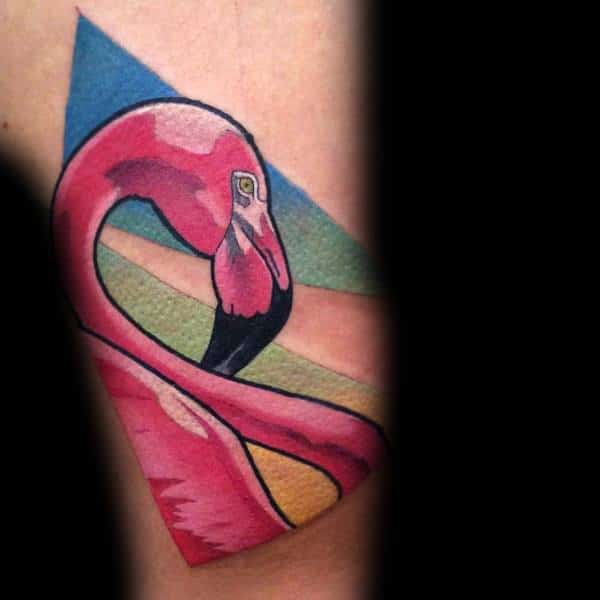 Abstract flamingo tattoo with bold geometric shapes and vibrant colors, blending modern art and realism for a unique visual effect.