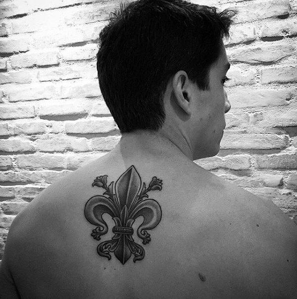 Male Flower Of The Lily Fleur De Lis Upper Back Tattoo
