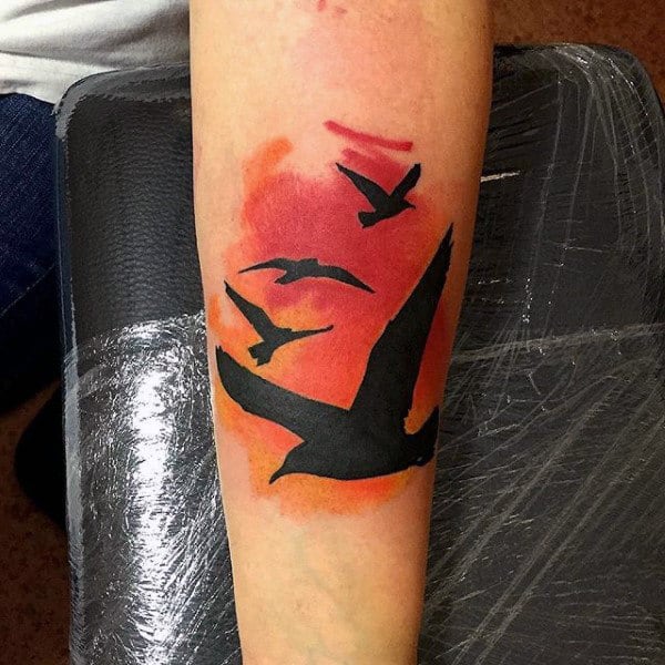 Male Flying Bird Sihouette Calf Sunset Tattoo