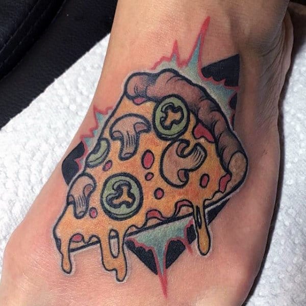 Male Foot Cheesy Pizza And Mushroom Food Tattoo