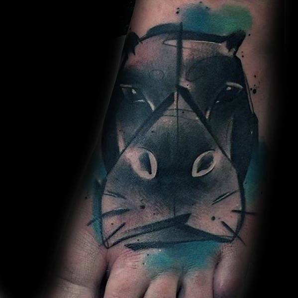 Male Foot Tattoo With Watercolor Hippo Design