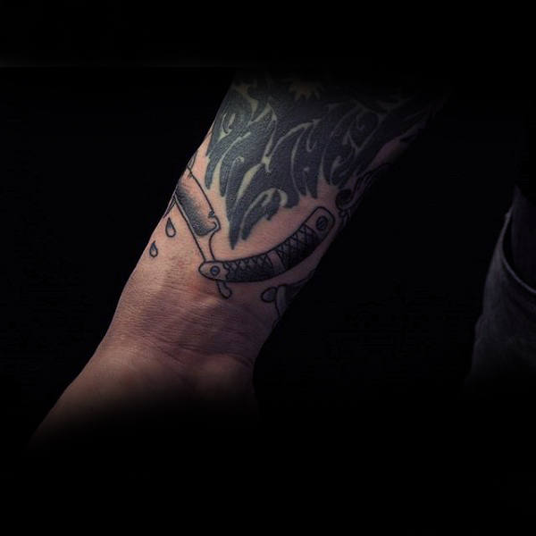 Male Forearm Grey Straight Razor Tattoo