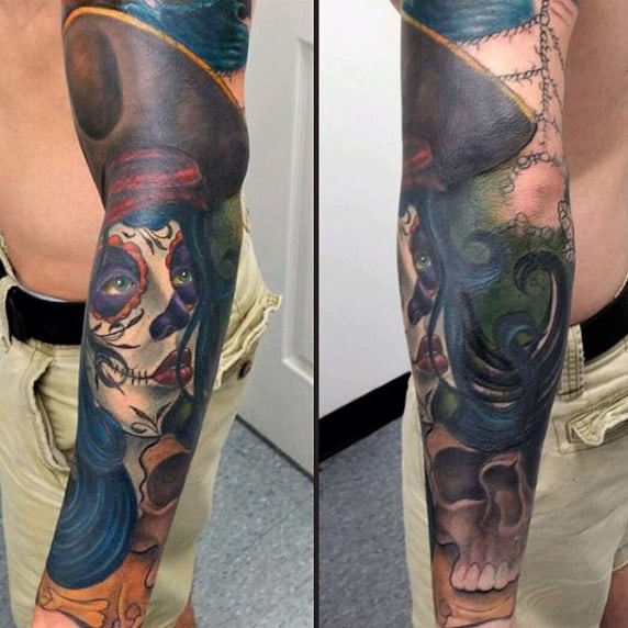 Male Forearm Matte Textured Bright Day Of The Dead Tattoo