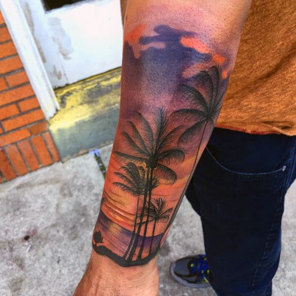 Male Forearm Sleeve Palm Tree Beach Sunset Tattoo