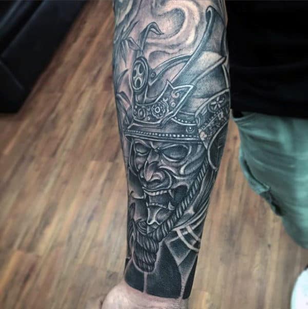 Male Forearm Sleeve Samurai Helmet Shaded Black And Grey Tattoos