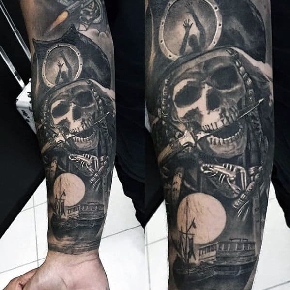 Male Forearm Sleeve Tattoo With Sweet Pirate Themed Design