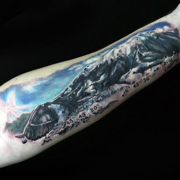 Male Forearm Snow Peaks And Snowboard Tattoo