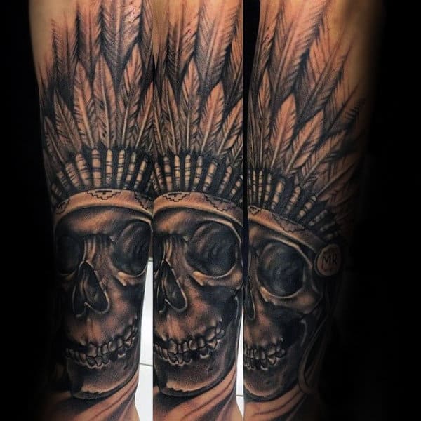 Male Forearm Tattoo Of Indian Skull