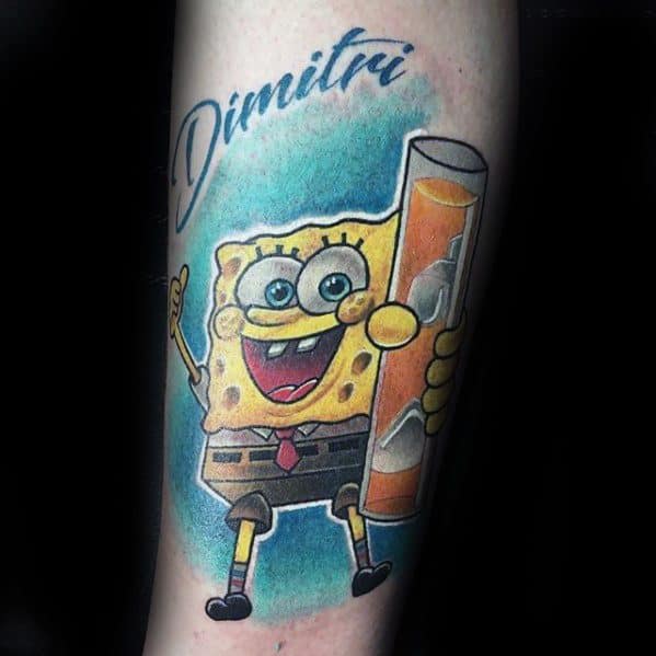 Vibrant SpongeBob tattoo holding an hourglass with a joyful smile, set against a blue background and the name Dimitri above.