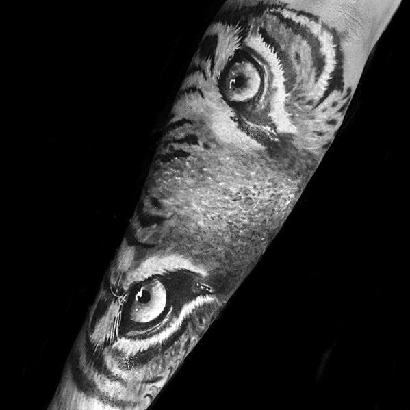 Male Forearm Tattoo With Tiger Eyes Design