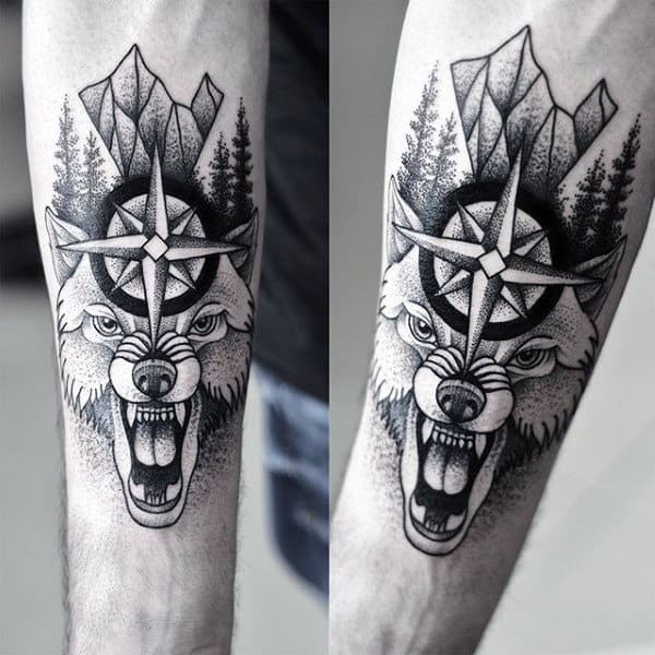 Male Forearms Beast And Religious Sign Dotwork Tattoo
