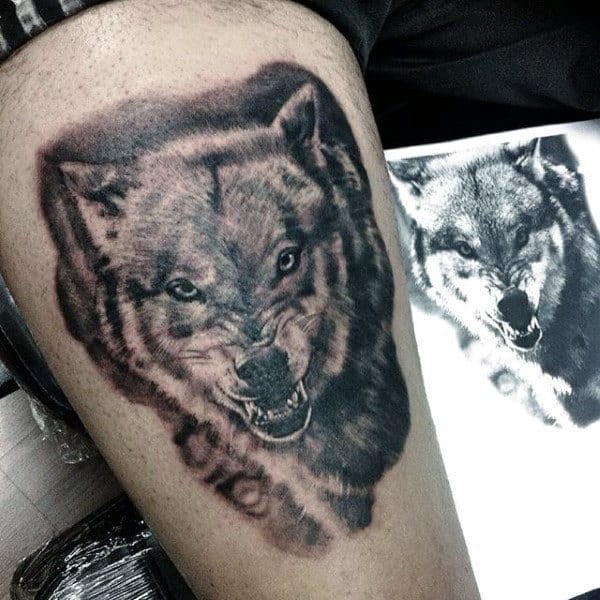 Male Forearms Black And Grey Bear Tattoo