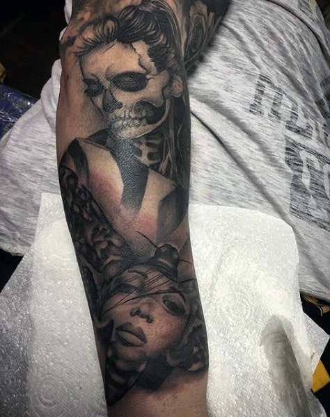 Male Forearms Black And Grey Day Of The Day Woman Tattoo