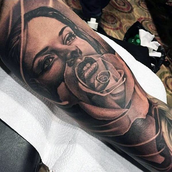 Male Forearms Black And Grey Lady With Transparent Rose Tattoo