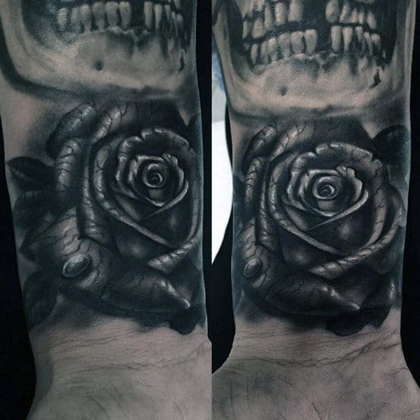 Male Forearms Black And Grey Rose With Dewdrop Tattoo