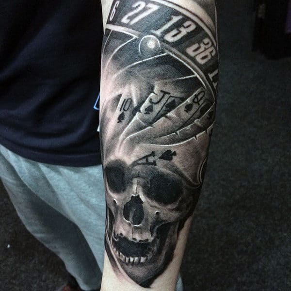 Male Forearms Black And White Playing Cards And Skull Tattoo