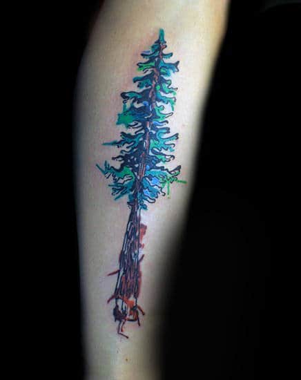Male Forearms Blue Green Watercolor Tree Tattoo